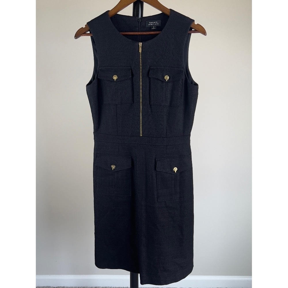 Tahari Arthur S. Levine Black Textured Tweed Zip Utility Sheath Dress 6